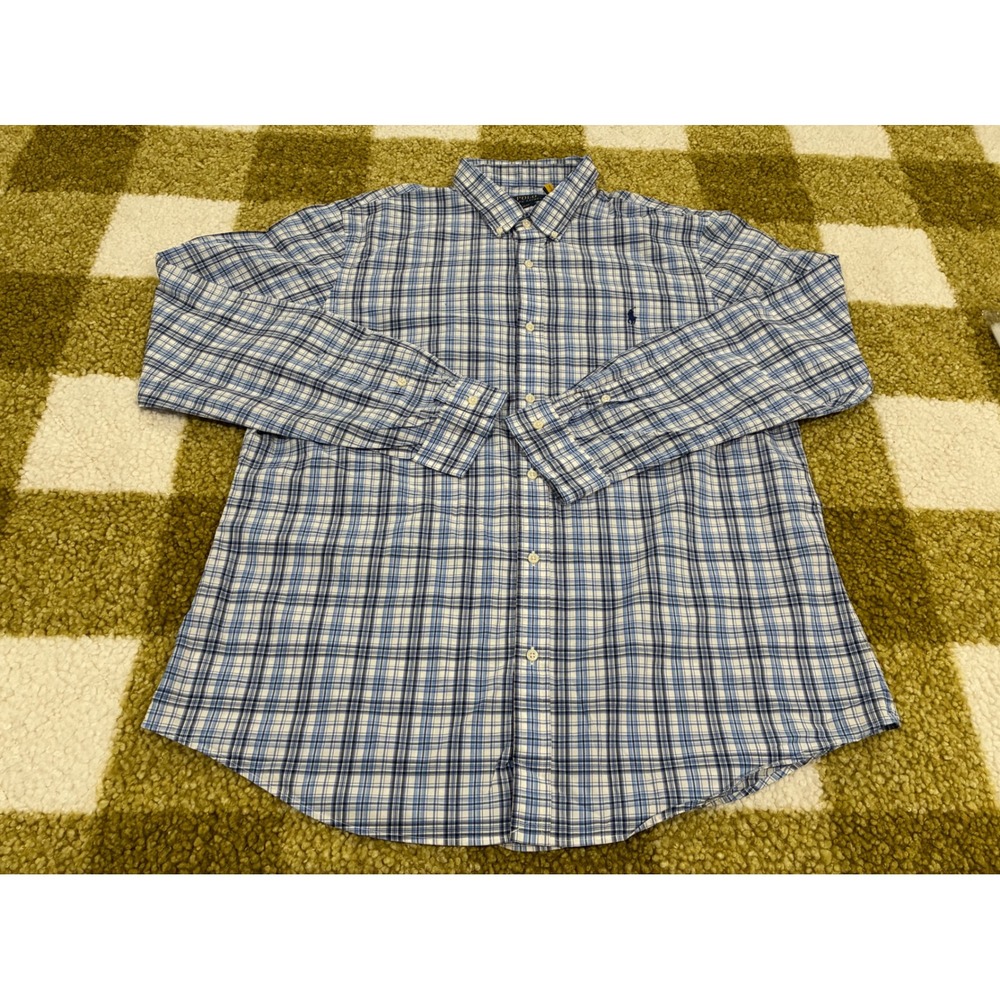 Polo‎ Ralph Lauren Shirt Mens XXL Blue White Plaid Slim Fit Long Sleeve Cotton